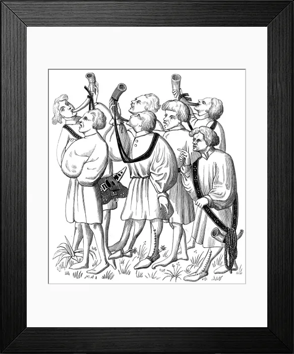 Framed Print : How to shout and blow horns, 15th century (1849) Framed Print : How to shout and blow horns, 15th century (1849)