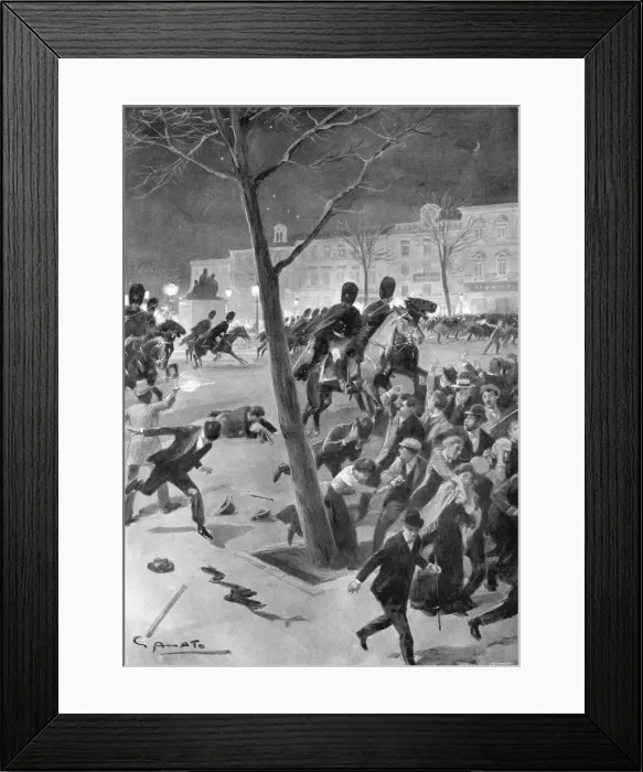 Framed Print : Gendarmes charging the rioters in the Place des Grand Sablons, Brussels, Belgium, 1902. Artist: G Amato Framed Print : Gendarmes charging the rioters in the Place des Grand Sablons, Brussels, Belgium, 1902. Artist: G Amato