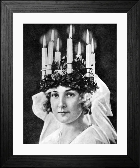 Framed Print : Scandinavian girl wearing candle headdress on St Lucys Day, 1936. Artist: Fox Framed Print : Scandinavian girl wearing candle headdress on St Lucys Day, 1936. Artist: Fox