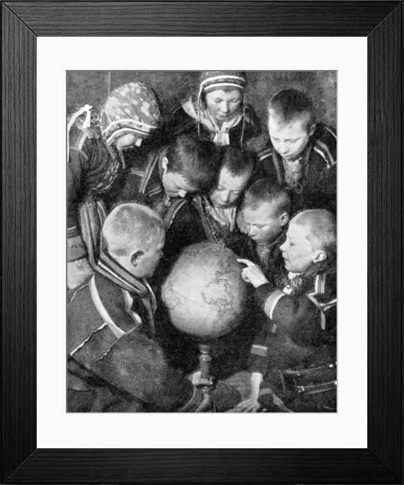 Framed Print : Lapp children looking at a globe, 1936 Framed Print : Lapp children looking at a globe, 1936