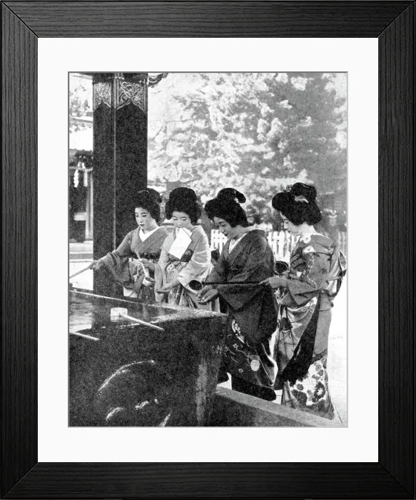 Framed Print : Japanese women washing their hands prior to entering a temple, 1936. Artist: Sport & General Framed Print : Japanese women washing their hands prior to entering a temple, 1936. Artist: Sport & General