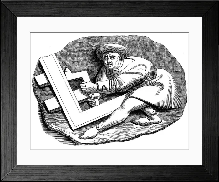Framed Print : A carpenters apprentice working at a trial piece, 15th century (1849)