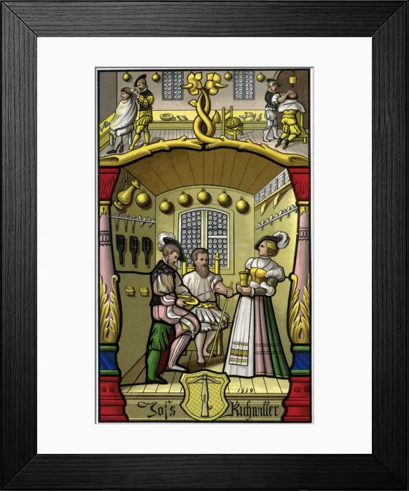 Framed Print : Barber and wigmaker, 16th century (1849). Artist: H Moulin Framed Print : Barber and wigmaker, 16th century (1849). Artist: H Moulin