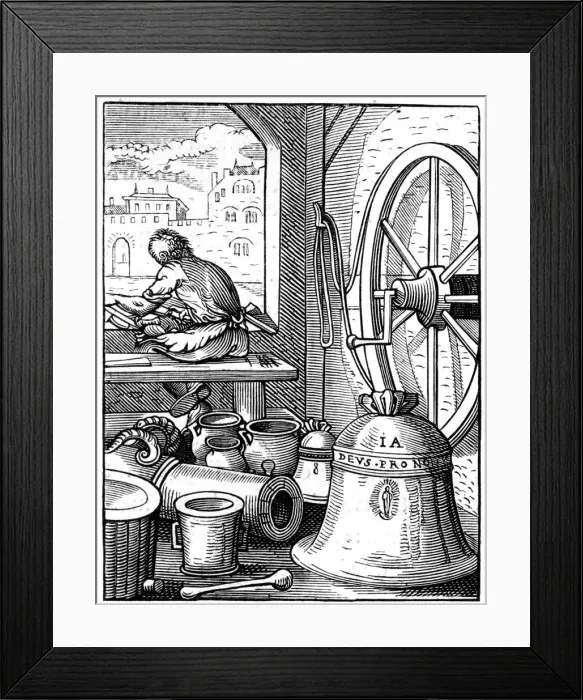 Framed Print : Bell and cannon caster, 16th century (1849). Artist: Jost Amman Framed Print : Bell and cannon caster, 16th century (1849). Artist: Jost Amman