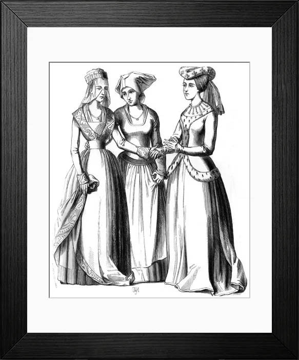 Framed Print : A bourgeoise, a peasant and a noble women, 14th century (1849). Artist: A Bisson Framed Print : A bourgeoise, a peasant and a noble women, 14th century (1849). Artist: A Bisson