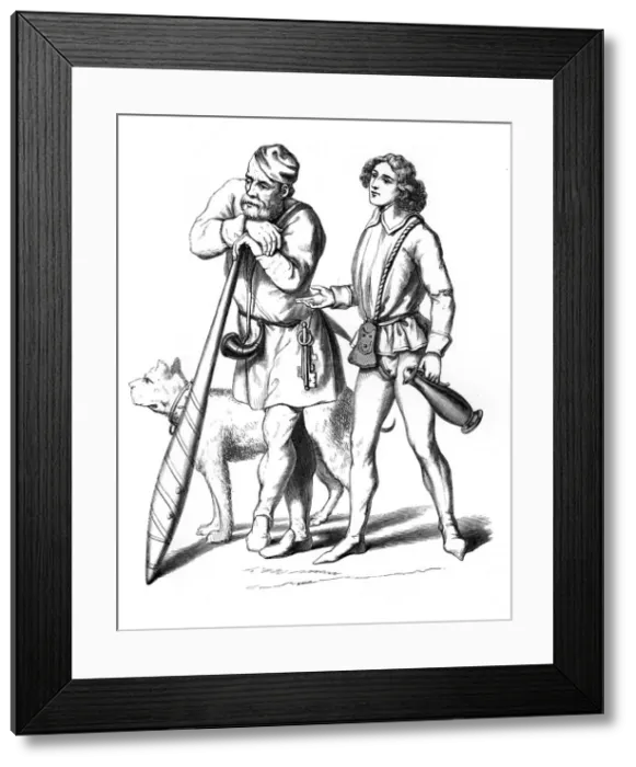 Framed Print : An English gatekeeper (1480) and domestic servant (1475), 15th century (1849) Framed Print : An English gatekeeper (1480) and domestic servant (1475), 15th century (1849)