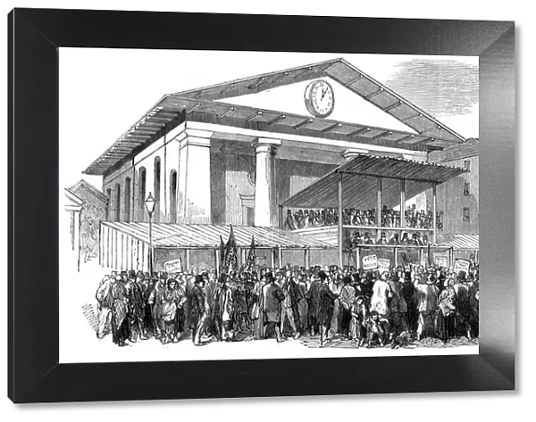 Election hustings in Covent Garden during the Westminster election, London, 1852