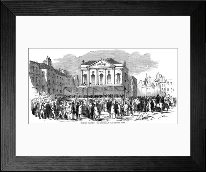 Framed Print : Election hustings in Clerkenwell Green during the Finsbury election, London, 1852 Framed Print : Election hustings in Clerkenwell Green during the Finsbury election, London, 1852