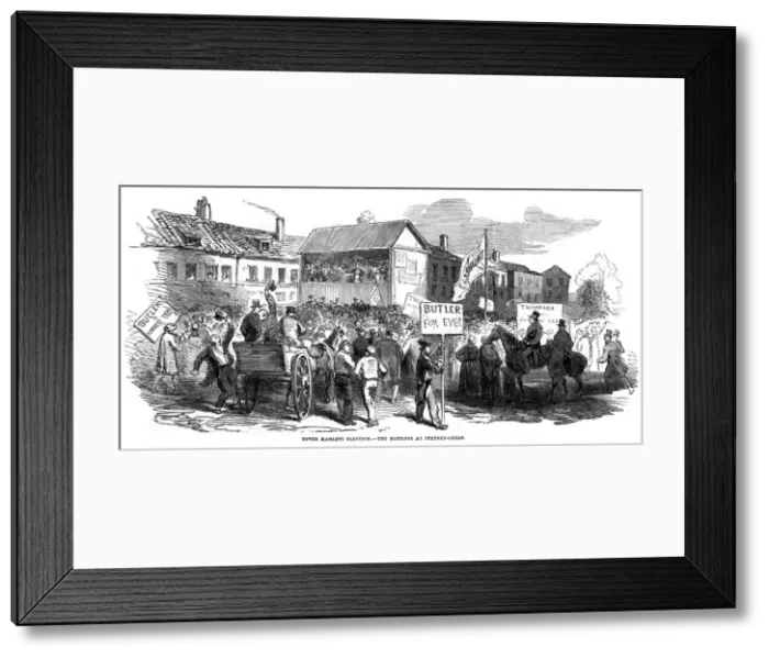 Framed Print : Election hustings in Stepney Green during the Tower Hamlets election, London, 1852 Framed Print : Election hustings in Stepney Green during the Tower Hamlets election, London, 1852