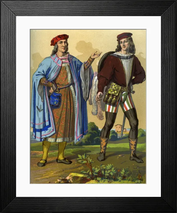 Framed Print : An English courtier of 1450 and an English gentleman of 1500 (1849). Artist: Edward May Framed Print : An English courtier of 1450 and an English gentleman of 1500 (1849). Artist: Edward May