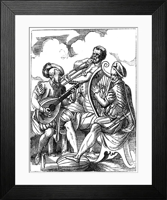 Framed Print : A guitarist, a lutenist and a trombone player, 16th century (1849). Artist: Jost Amman Framed Print : A guitarist, a lutenist and a trombone player, 16th century (1849). Artist: Jost Amman