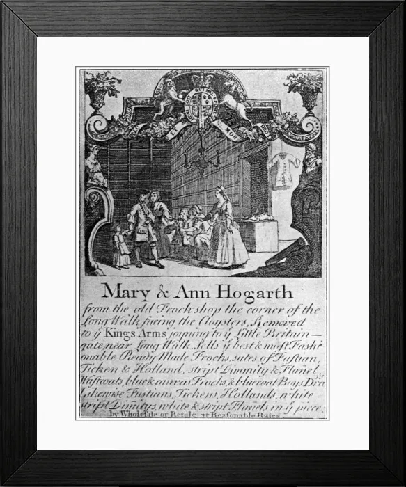 Framed Print : Advertisement for Mary and Ann Hogarths drapers shop, early-mid 18th century, (1901) Framed Print : Advertisement for Mary and Ann Hogarths drapers shop, early-mid 18th century, (1901)