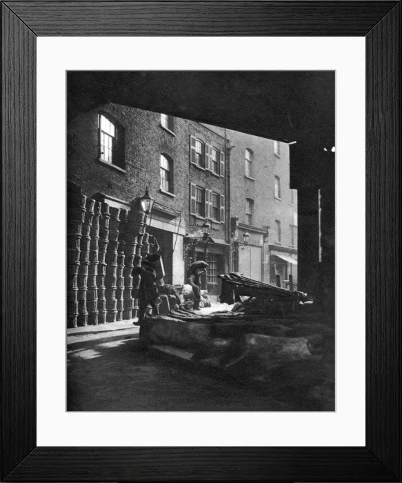 Framed Print : Fruit baskets piled against houses at Borough Market, London, 1926-1927. Artist: Whiffin Framed Print : Fruit baskets piled against houses at Borough Market, London, 1926-1927. Artist: Whiffin