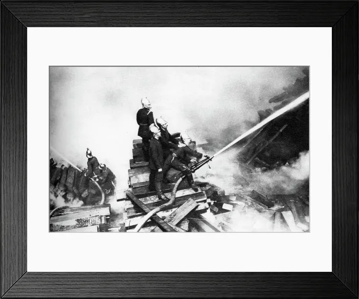 Framed Print : Firemen fighting a fire at a timber yard, London, 1926-1927 Framed Print : Firemen fighting a fire at a timber yard, London, 1926-1927