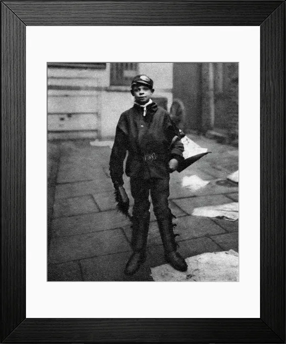 Framed Print : Scavenger boy, who cleans up horse droppings in the road, London, 1926-1927 Framed Print : Scavenger boy, who cleans up horse droppings in the road, London, 1926-1927