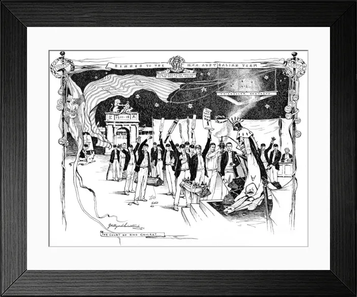 Framed Print : A cricket theme for a menu card design, 1911 (1912). Artist: George Hillyard Swinstead Framed Print : A cricket theme for a menu card design, 1911 (1912). Artist: George Hillyard Swinstead