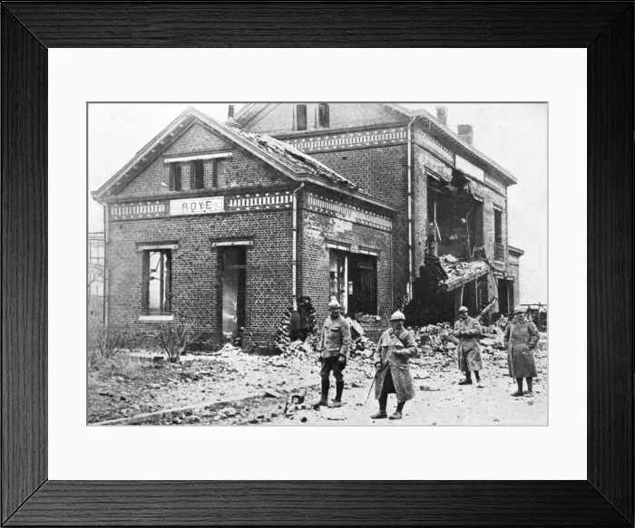 Framed Print : Damaged railway station at Roye, France, First World War, 1918, (c1920) Framed Print : Damaged railway station at Roye, France, First World War, 1918, (c1920)