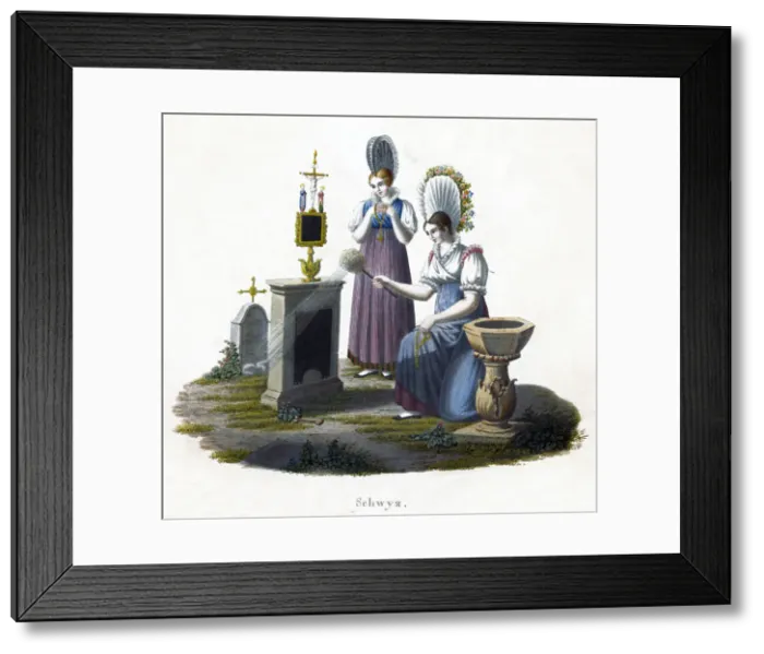 Framed Print : Two women standing before a headstone in a graveyard, c1800 Framed Print : Two women standing before a headstone in a graveyard, c1800