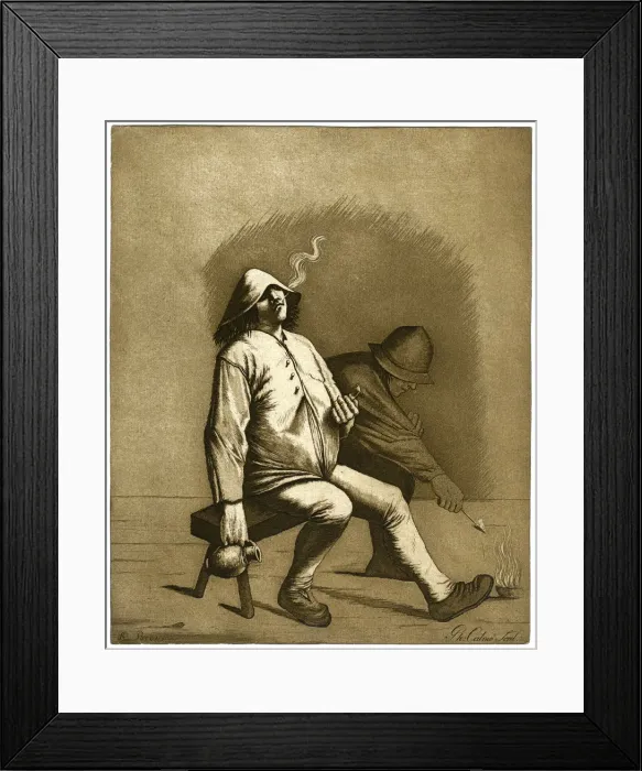 Framed Print : Two men sitting on a bench, c18th century. Artist: Calnie Framed Print : Two men sitting on a bench, c18th century. Artist: Calnie