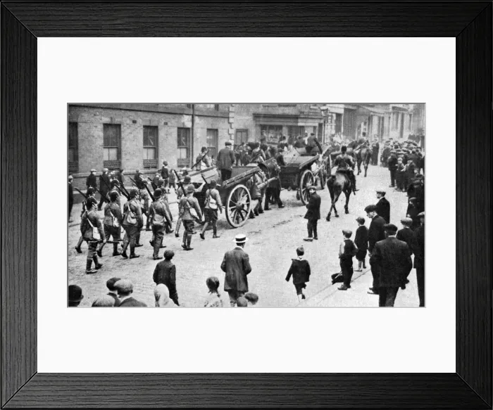 Framed Print : Soldiers convoying coal carts during the strike, Sheffield, c1920 Framed Print : Soldiers convoying coal carts during the strike, Sheffield, c1920