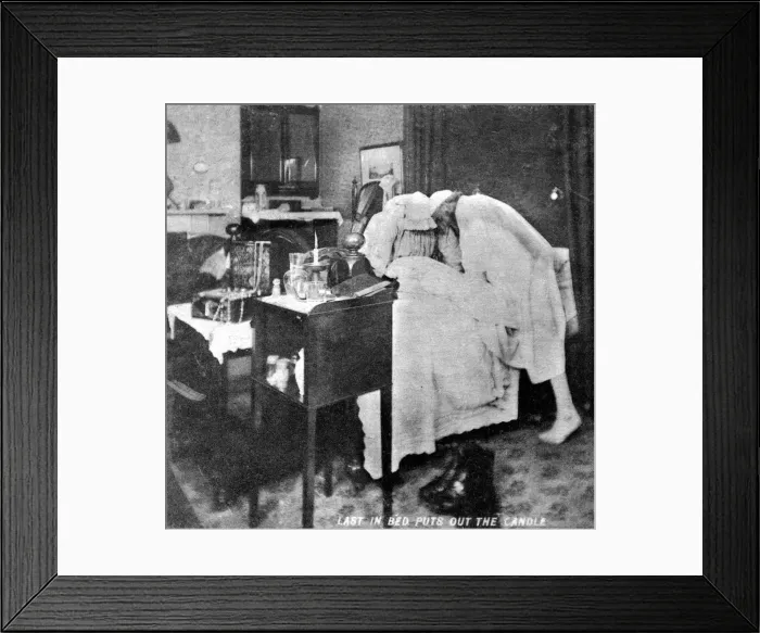 Framed Print : Last in bed puts out the candle, late 19th century Framed Print : Last in bed puts out the candle, late 19th century