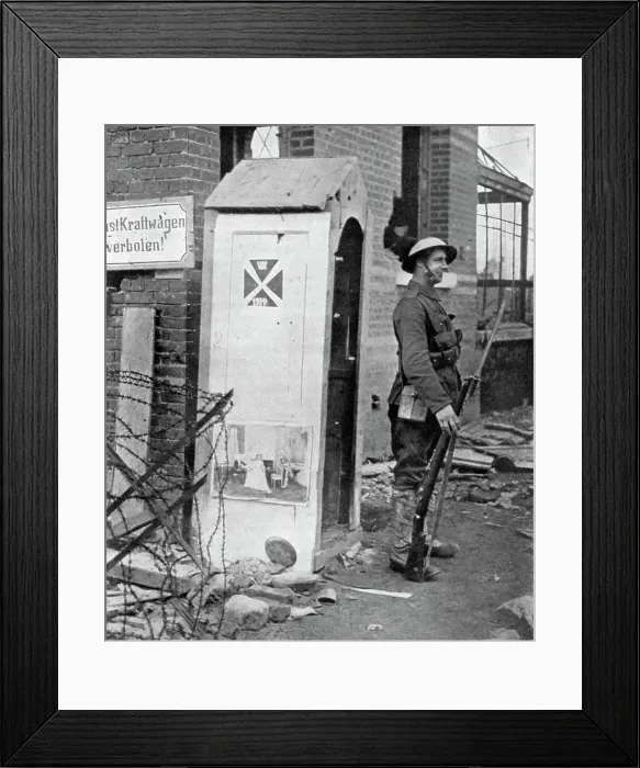 Framed Print : A British soldier on sentry duty after the fall of Peronne, France, First World War, 1917, (c1920) Framed Print : A British soldier on sentry duty after the fall of Peronne, France, First World War, 1917, (c1920)