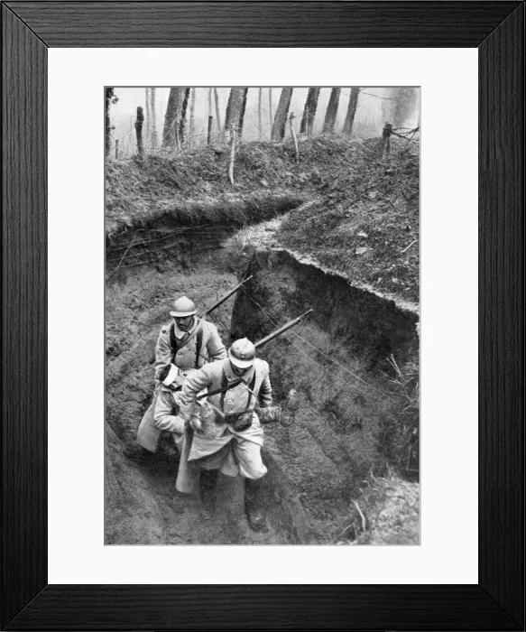 Framed Print : French soldiers carrying a wounded companion from the front, First World War, 1917, (c1920) Framed Print : French soldiers carrying a wounded companion from the front, First World War, 1917, (c1920)