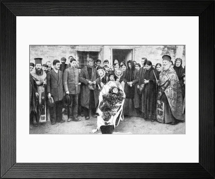 Framed Print : A dead Greek peasant lying in a coffin, 1922. Artist: HA Fawcett Framed Print : A dead Greek peasant lying in a coffin, 1922. Artist: HA Fawcett