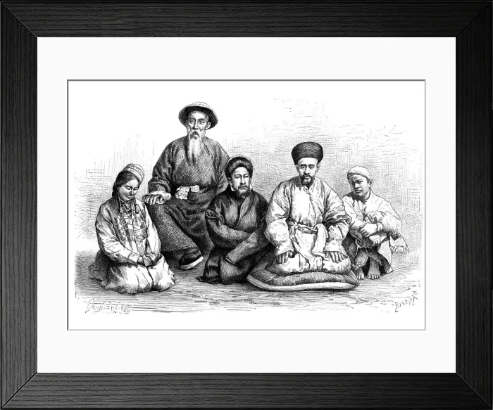 Framed Print : Dungans and Taranchis, types and costumes, c1890 Framed Print : Dungans and Taranchis, types and costumes, c1890