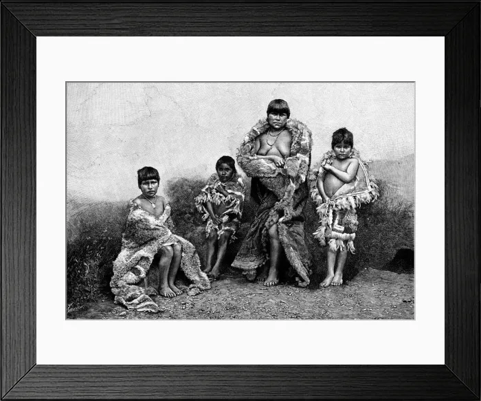 Framed Print : Alakaluf Fuegians, dressed in guanaco skins, Chile, 1895 Framed Print : Alakaluf Fuegians, dressed in guanaco skins, Chile, 1895