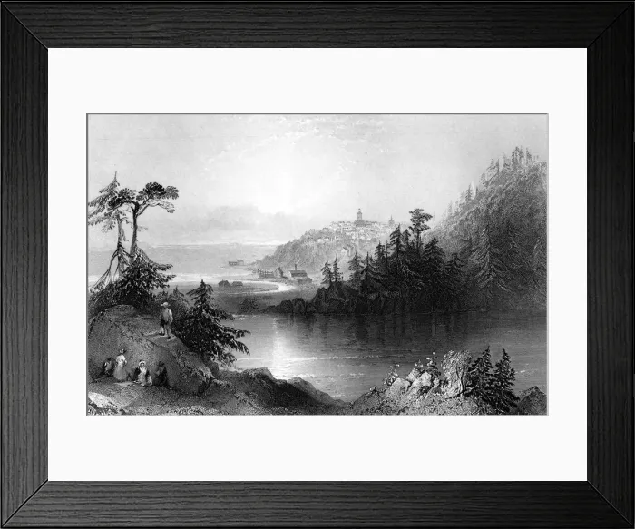 Framed Print : Lily Lake, with the town of St John on an outcrop beyond, Canada, 19th century. Artist: R Brandard Framed Print : Lily Lake, with the town of St John on an outcrop beyond, Canada, 19th century. Artist: R Brandard