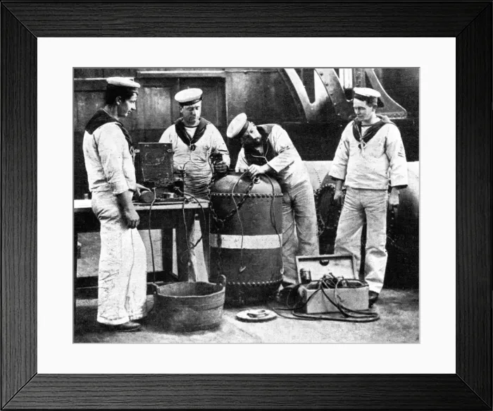 Framed Print : British sailors wiring a mine, First World War, 1914 Framed Print : British sailors wiring a mine, First World War, 1914