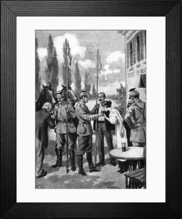 Framed Print : Uhlans demanding refreshments from Belgian villagers, First World War, 1914 Framed Print : Uhlans demanding refreshments from Belgian villagers, First World War, 1914