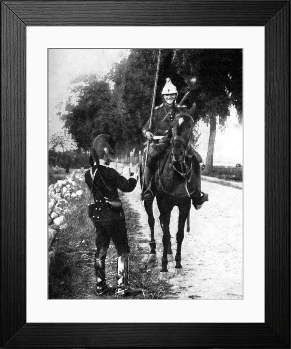 Framed Print : French dragoon, delivering passport to alert Belgian picket, First World War, 1914 Framed Print : French dragoon, delivering passport to alert Belgian picket, First World War, 1914