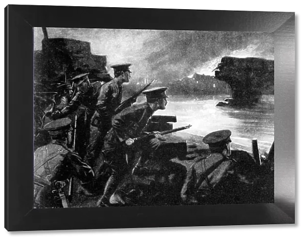 British troops on riverbank prepared for German advance, Belgium, First World War, 1914