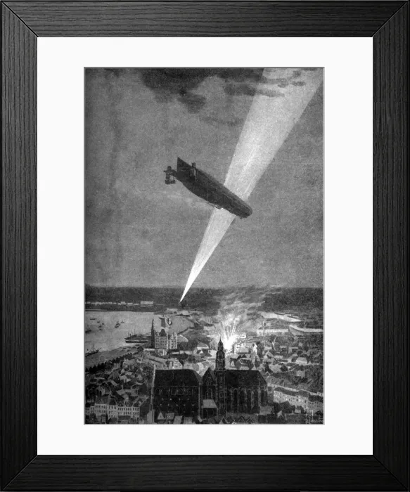 Framed Print : Zeppelin bombardment of Antwerp, First World War, 24 August 1914. Artist: RG Mathews Framed Print : Zeppelin bombardment of Antwerp, First World War, 24 August 1914. Artist: RG Mathews