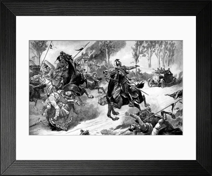 Framed Print : Armoured Belgian troops under attack by Uhlans, First World War, 1914 Framed Print : Armoured Belgian troops under attack by Uhlans, First World War, 1914
