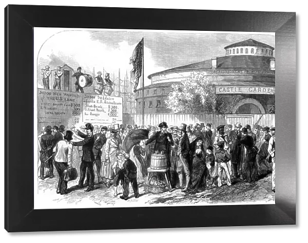 Enlisting Irish and German emigrants on the Battery, New York, USA, 1864. Artist: M Jackson