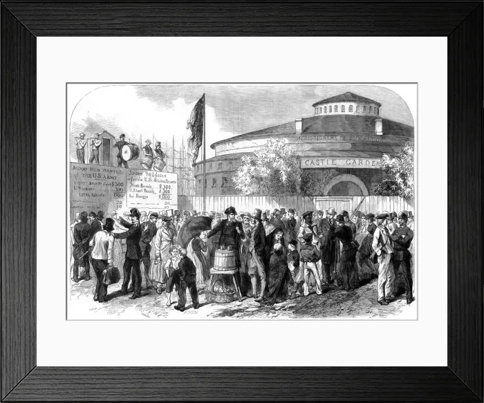 Framed Print : Enlisting Irish and German emigrants on the Battery, New York, USA, 1864. Artist: M Jackson Framed Print : Enlisting Irish and German emigrants on the Battery, New York, USA, 1864. Artist: M Jackson
