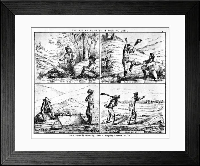 Framed Print : The Mining Business in Four Pictures, 19th century (1937). Artist: Britton & Rey Framed Print : The Mining Business in Four Pictures, 19th century (1937). Artist: Britton & Rey