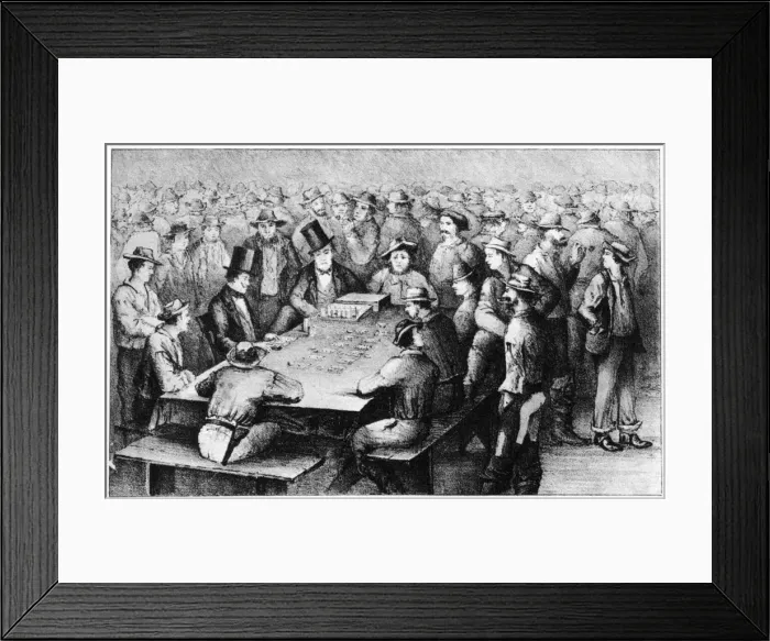 Framed Print : Gambling in the mines, Faro, California, 19th century (1937). Artist: Britton & Rey Framed Print : Gambling in the mines, Faro, California, 19th century (1937). Artist: Britton & Rey