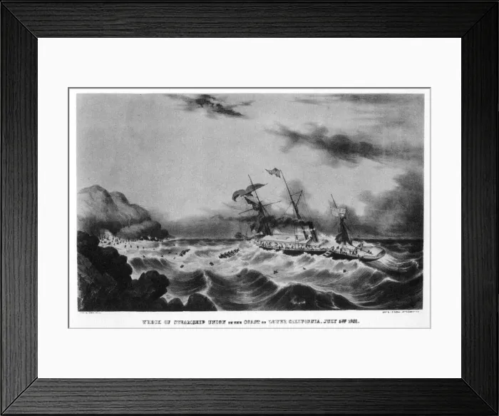 Framed Print : The wreck of the steamship Union on the coast of lower California, 1851 (1937). Artist: John Henry Bufford Framed Print : The wreck of the steamship Union on the coast of lower California, 1851 (1937). Artist: John Henry Bufford