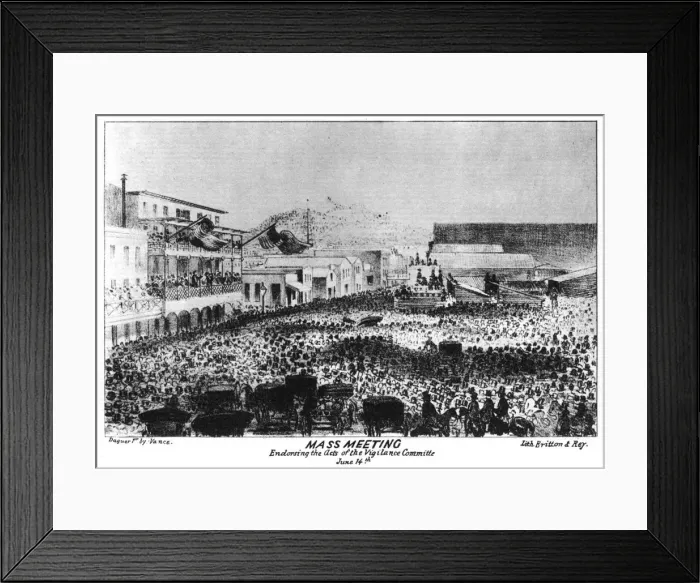 Framed Print : A mass meeting outside Fort Vigilant, Sacramento, California, 1856 (1937). Artist: Britton & Rey Framed Print : A mass meeting outside Fort Vigilant, Sacramento, California, 1856 (1937). Artist: Britton & Rey