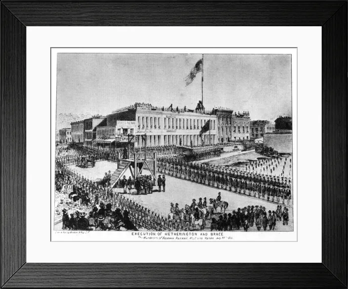 Framed Print : The execution of Hetherington and Brace, Fort Vigilance, Sacramento, California, 1856 (1937). Artist: Britton & Rey Framed Print : The execution of Hetherington and Brace, Fort Vigilance, Sacramento, California, 1856 (1937). Artist: Britton & Rey