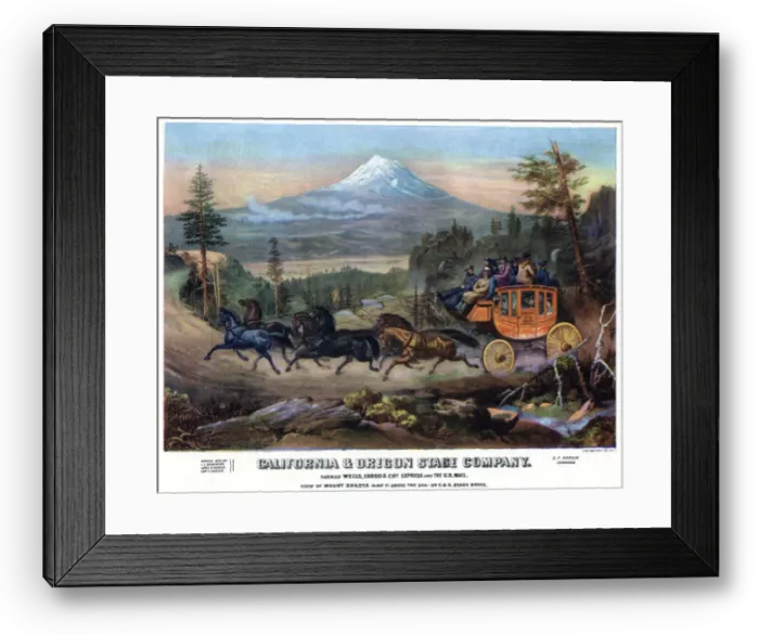 Framed Print : A stagecoach journey, USA, 19th century (1937). Artist: Britton & Rey Framed Print : A stagecoach journey, USA, 19th century (1937). Artist: Britton & Rey