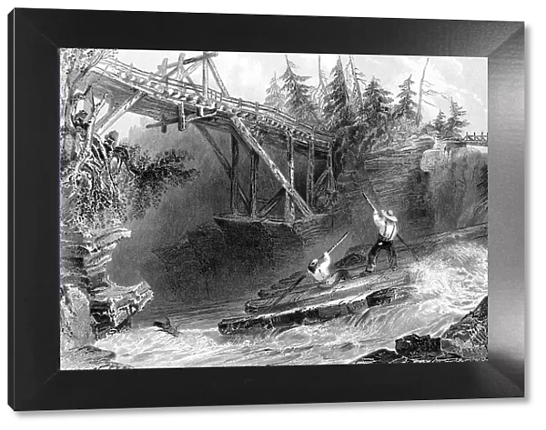 A timber slide and a bridge across the Ottawa river, Ontario, Canada, 1842. Artist: J Sands