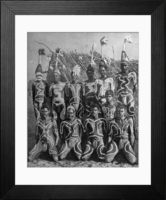 Framed Print : Men of the Never Never land, in totem attire, Australia, 1922. Artist: PJ MacMahon Framed Print : Men of the Never Never land, in totem attire, Australia, 1922. Artist: PJ MacMahon