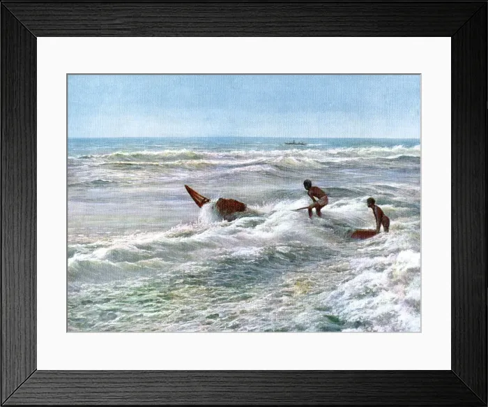 Framed Print : Launching a catamaran off the coast of Madras, India, early 20th century Framed Print : Launching a catamaran off the coast of Madras, India, early 20th century