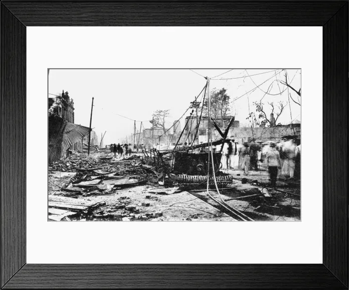 Framed Print : Earthquake damage and a burnt car, King Street, Kingston, Jamaica, 1907 Framed Print : Earthquake damage and a burnt car, King Street, Kingston, Jamaica, 1907