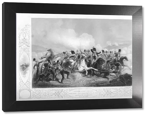 Light cavalry attacking the Russian guns at Balaclava during the Crimean War, 1854 (1857). Artist: W Hulland